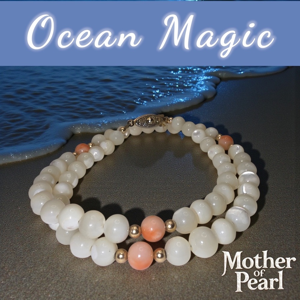 Mother of Pearl & Coral Beaded Necklace - Shimmering Cream Shell Beads 16”